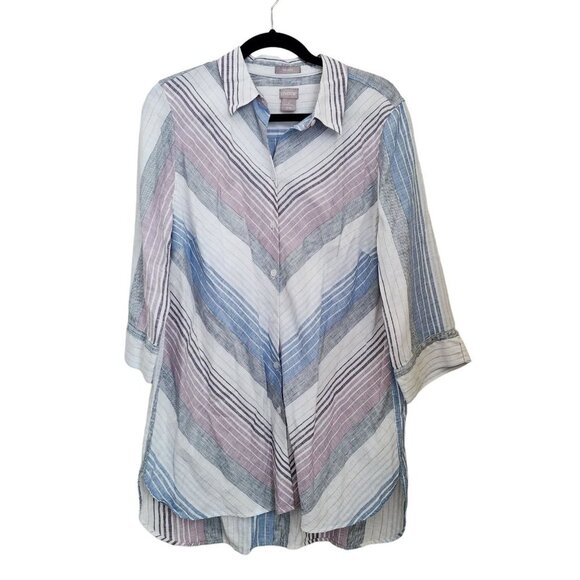 Chico’s 100% Linen Tunic Top Dress Women Size 2 L 12  No Iron‎ Stripe Cuffed - Picture 15 of 15